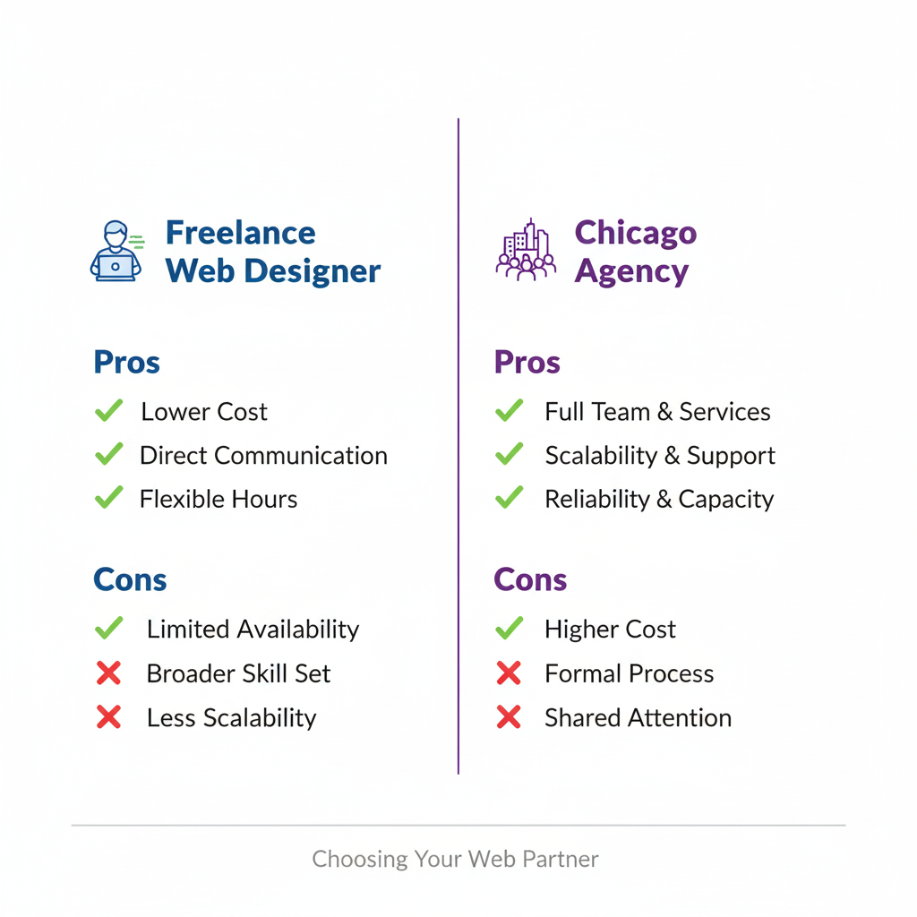 Freelance web design vs agency team in Chicago illustration.