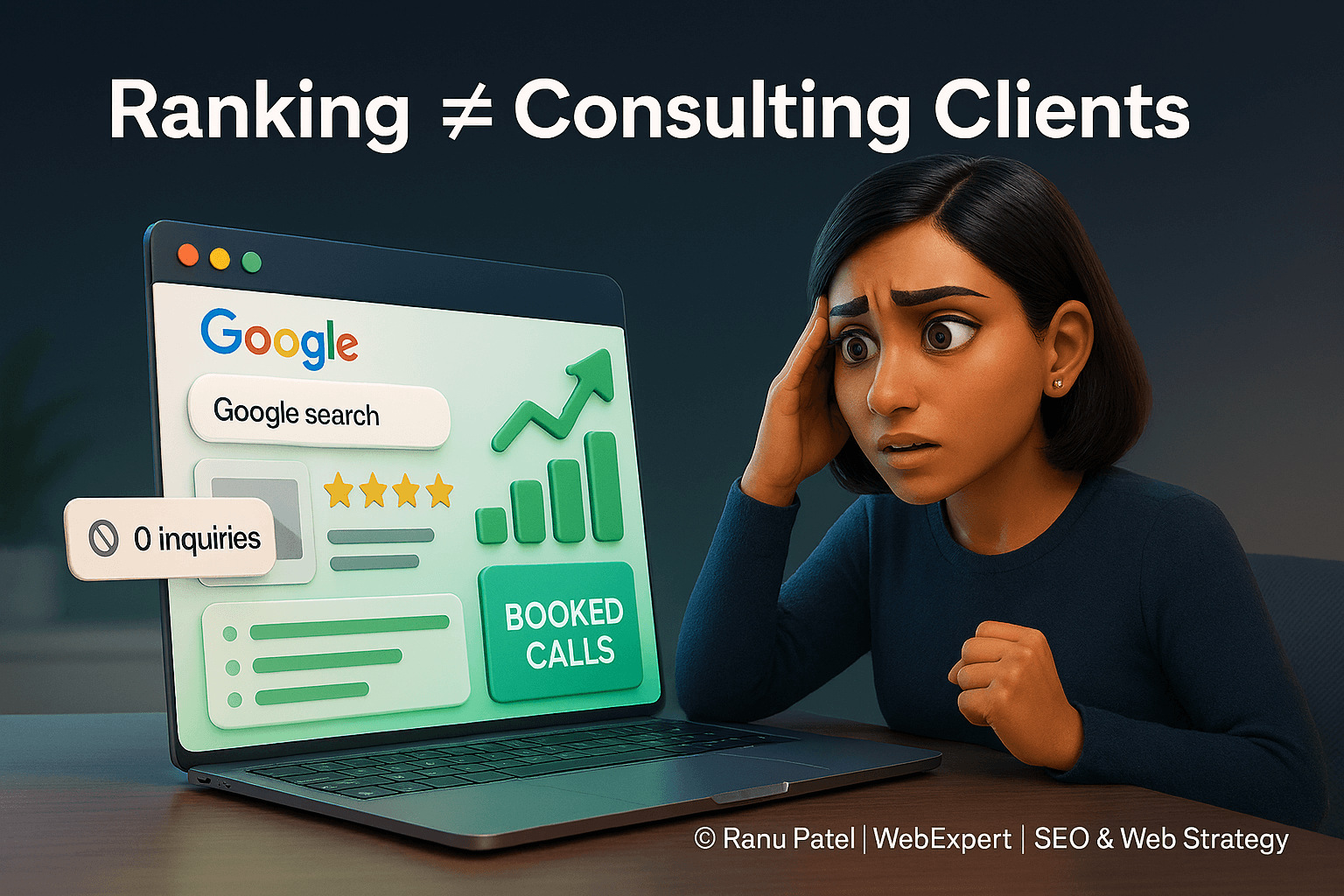 Pixar-inspired 3D image showing SEO for consultants USA and why rankings don’t bring client inquiries
