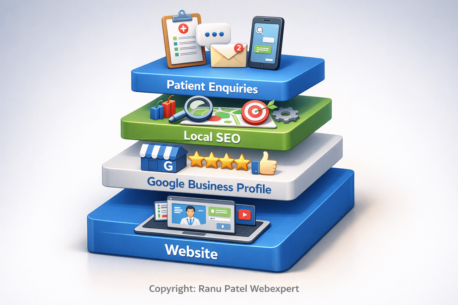 Website, Google Business Profile, Local SEO, Patient Enquiries stacked clearly. Minimal, professional, original artwork