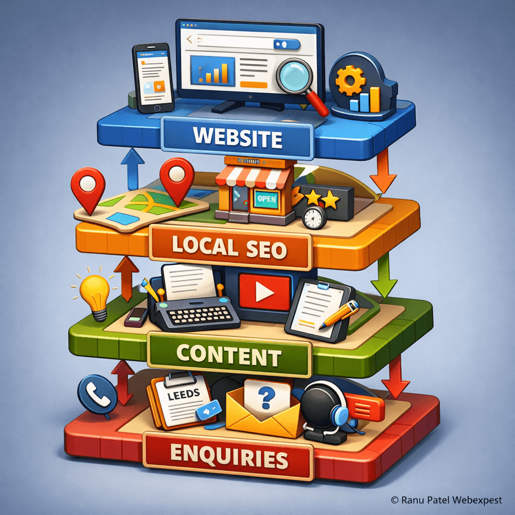 Website, Local SEO, Content, Enquiries — structured and connected