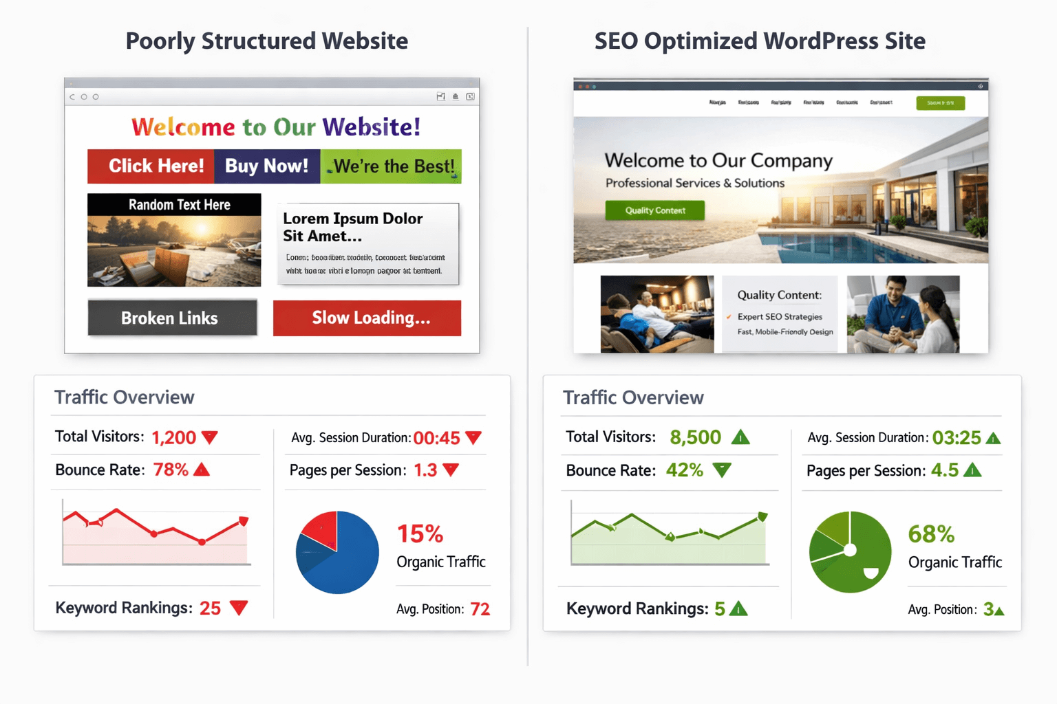 poorly structured website vs SEO optimized WordPress site