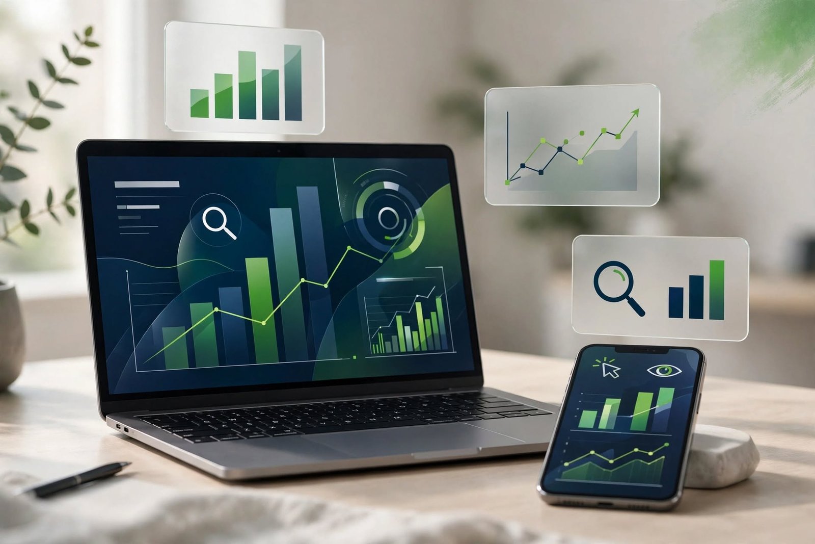 Business website and search performance analytics displayed on a laptop.